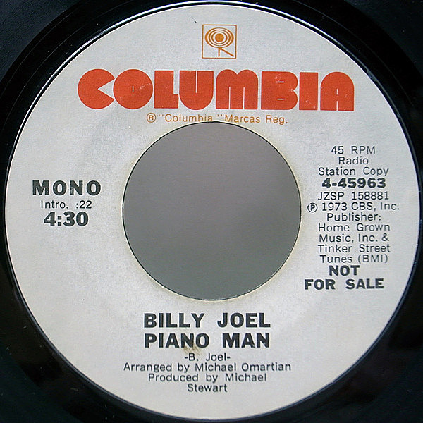 レコードメイン画像：【LPとは別Ver.】レア・白プロモ 7'' オンリー MONO仕様 USオリジナル BILLY JOEL Piano Man ('73 Columbia) White Promo モノラル 45RPM.
