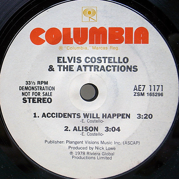 レコードメイン画像：【佳曲揃い3曲入り】美盤 White Promo 7インチ ELVIS COSTELLO Accidents Will Happen / Alison / Watching The Detectives 白プロモ