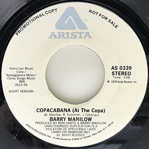 レコードメイン画像：美盤!! 7インチ プロモ USオリジナル BARRY MANILOW Copacabana ('78 Arista) Long Ver. 収録『Even Now』からのカット バリー・マニロウ