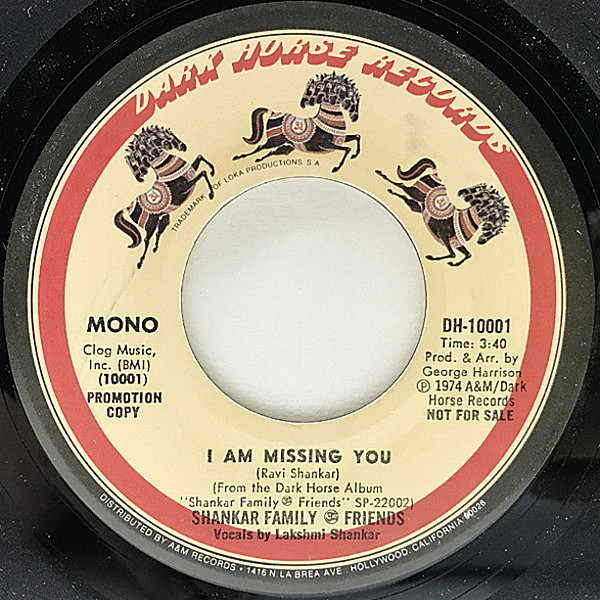 レコードメイン画像：美盤 プロモ 7インチ USオリジナル SHANKAR FAMILY & FRIENDS I Am Missing You ('74 Dark Horse) MONO／STEREO GEORGE HARRISON SOFT ROCK