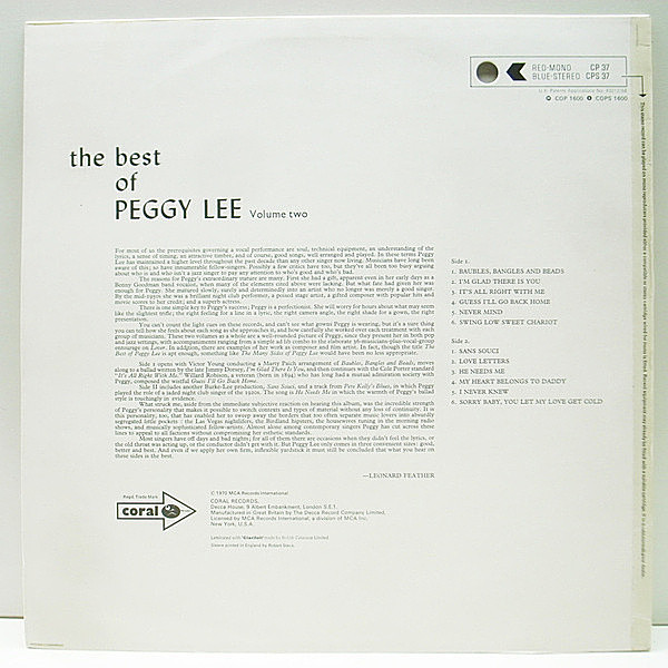 PEGGY LEE / The Best Of Peggy Lee (LP) / Coral | WAXPEND RECORDS