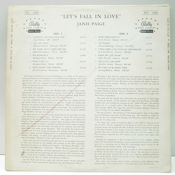 JANIS PAIGE / Let's Fall In Love (LP) / Bally | WAXPEND RECORDS