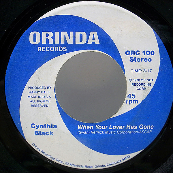 レコードメイン画像：【激レア！FREE SOUL】良好盤 7インチ USオリジナル CYNTHIA BLACK When Your Lover Has Gone / You Are The One In My Life ('78 Orinda)