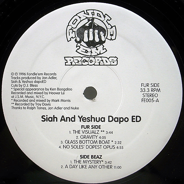 レコードメイン画像：【レア・90'sアンダーグラウンド】美盤 12インチ USオリジナル SIAH & YESHUA DAPO ED ('96 Fondle 'Em FE005) The Visualz 他 クラシック