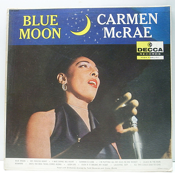 レコードメイン画像：FLAT MONO 1st 黒銀スモール 深溝 USオリジナル CARMEN McRAE Blue Moon (Decca DL 8347) 初版 モノラル LP 音も綺麗です