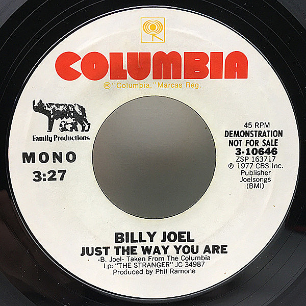 レコードメイン画像：稀少 モノラル【7'' 白プロモ・オンリー MONO】USオリジナル BILLY JOEL Just The Way You Are ('77 Columbia) 素顔のままで Promo 45's