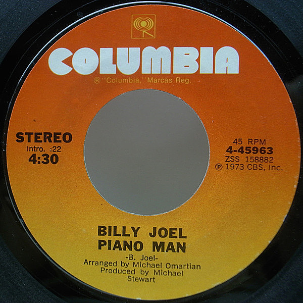 レコードメイン画像：【LPとは別のエディットVer.】レア 7'' 美盤!! USオリジナル BILLY JOEL Piano Man ('73 Columbia) 45RPM. 出世作となる初シングル