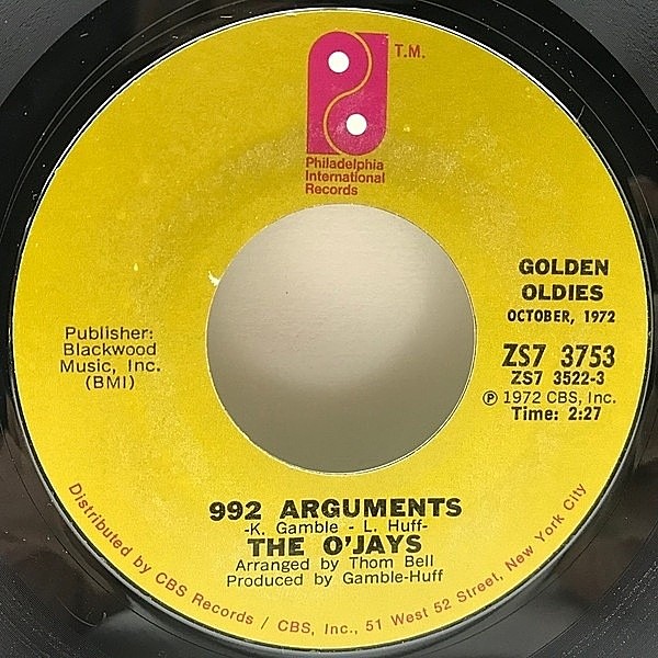レコードメイン画像：美再生の良盤!! 7インチ USオリジナル O'JAYS 992 Arguments / Back Stabbers ('72 Philadelphia International) オージェイズ 45RPM.