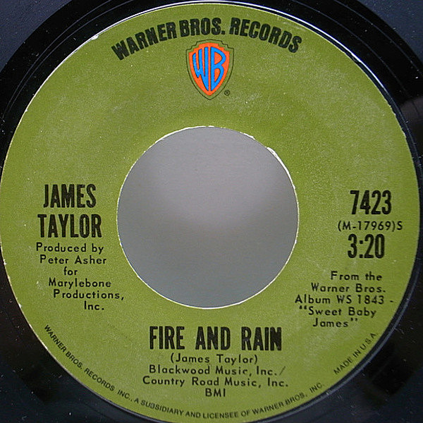 レコードメイン画像：美盤!! 7'' 初版オリーヴ USオリジナル JAMES TAYLOR Fire And Rain / Anywhere Like Heaven ('70 Warner) Carole King, Danny Kortchmar