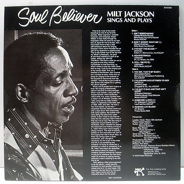 MILT JACKSON / Soul Believer Milt Jackson Sings And Plays
