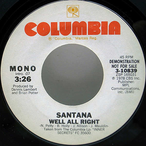 レコードメイン画像：白プロモ 7インチ USオリジナル SANTANA Well All Right ('78 Columbia) Inner Secretsからのカット・米シングル 45RPM. Promo Copy