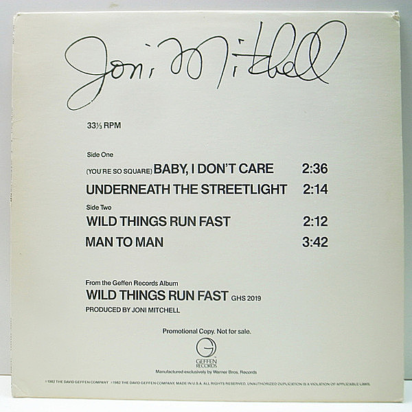 レコードメイン画像：【稀少・プロモオンリー・12インチ】JONI MITCHELL Songs From Wild Things Run Fast (Geffen PRO-A-1081) Audiophile, Promo Only 12''