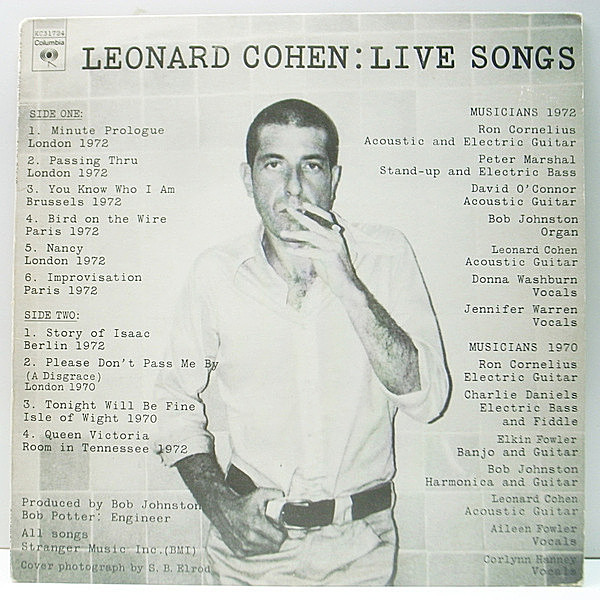 レコードメイン画像：美盤!! 初版 KC規格 USオリジナル LEONARD COHEN Live Songs ('73 Columbia) 今夜はうまくいくだろう, 電線の鳥 ほか 初のライヴ作品
