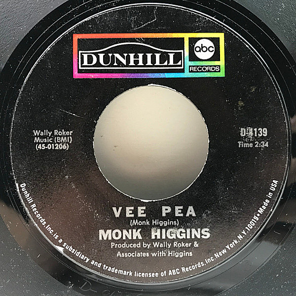 レコードメイン画像：【漆黒のホンカー／骨太ジャズファンク】7インチ USオリジナル MONK HIGGINS Vee Pea / MacArthur Park ('68 Dunhill) モンク・ヒギンズ