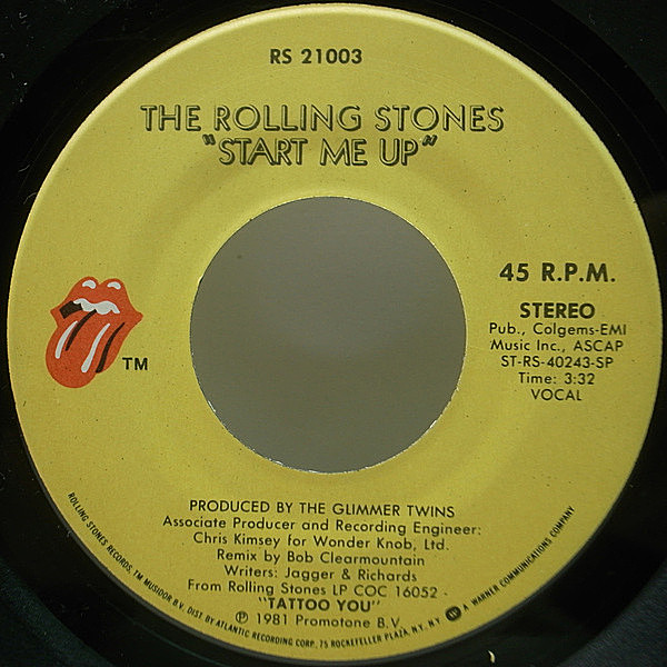 レコードメイン画像：7インチ USオリジナル ROLLING STONES Start Me Up / No Use In Crying (RS 21003) 刺青の男 Bob Ludwig, Bob Clearmountain