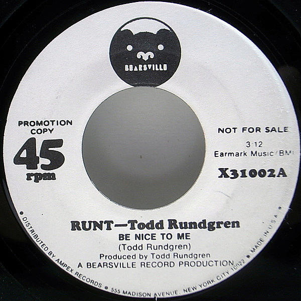 レコードメイン画像：【藤原ヒロシ MIX ネタ】希少 MONO／STEREO 白プロモ & 7インチ USオリジナル TODD RUNDGREN Be Nice To Me (Bearsville) Promo Copy