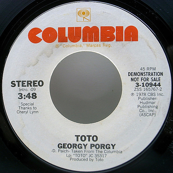 レコードメイン画像：ほぼ美盤!! 白プロモ 7インチ USオリジナル TOTO Georgy Porgy セイム・フリップ仕様 ('79 Columbia) TML刻印 サンプリング 45RPM.