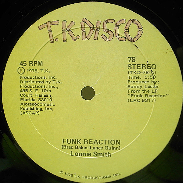 レコードメイン画像：良好品!! 12インチ USオリジナル LONNIE SMITH Funk Reaction / For The Love Of It ('78 T.K. Disco) Soul Jazz ～ Jazz Funk ～ Disco