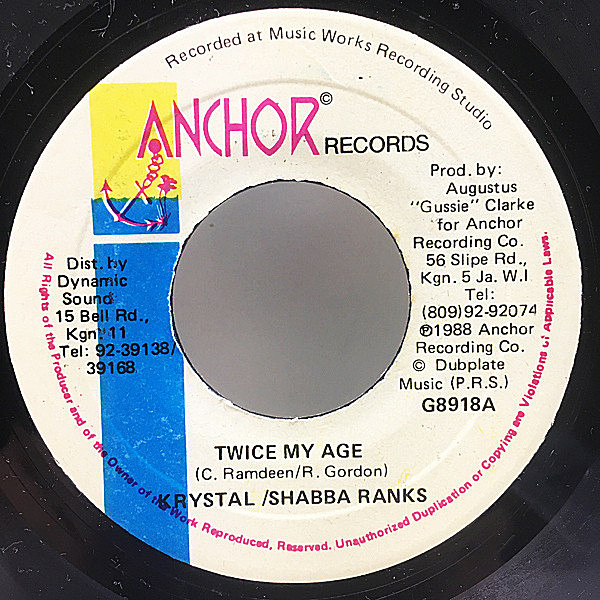 レコードメイン画像：【BIG HIT DANCEHALL】良好盤!! JAオリジナル KRYSTAL & SHABBA RANKS Twice My Age ('88 Anchor) 7インチ 45's シングル