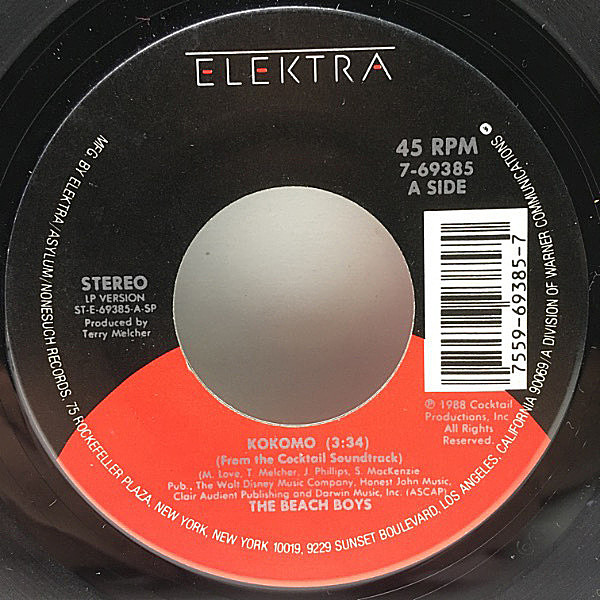 レコードメイン画像：美盤!! 7'' Vinyl仕様 BEACH BOYS Kokomo／LITTLE RICHARD Tutti Frutti サントラ Cocktail カクテル O.S.T. 45回転 Ep シングル