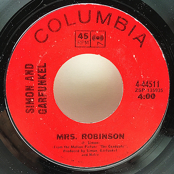 レコードメイン画像：7インチ 初版 赤ラベル USオリジナル SIMON and GARFUNKEL Mrs. Robinson - Old Friends / Bookends ('68 Columbia) 45RPM. 米シングル