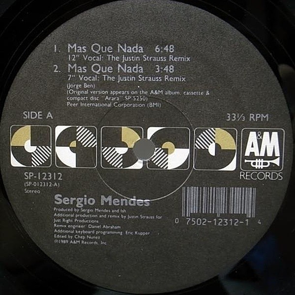 レコードメイン画像：12 オリジナル SERGIO MENDES Mas Que Nada ('89 A&M) JUSTIN STRAUSS REMIX ディスコカバー／リミックス