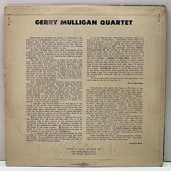 USオリジナル　10インチ　GERRY MULLIGAN QUARTET GERRY MULLIGAN / Gerry Mulligan Quartet (10) / Pacific Jazz