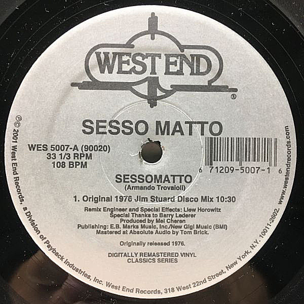 レコードメイン画像：【Original 1976 Jim Stuard Disco Mix】10:30 Ver. 収録！美品 SESSO MATTO Sessomatto ('01 West End) vs. THE IDJUT BOYS Re Edit
