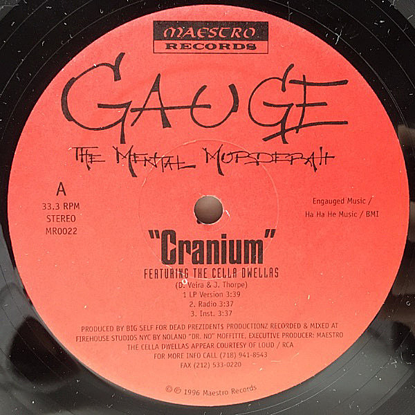 レコードメイン画像：【カナダ産90'sアンダーグラウンド】極美品 Orig. GAUGE THE MENTAL MURDERAH Cranium ('96 Maestro) feat. CELLA DWELLAS