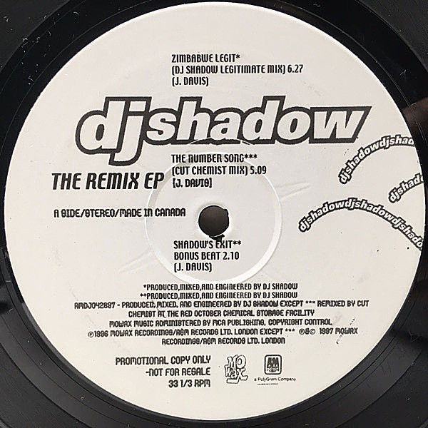 レコードメイン画像：'97年 プロモオンリー【傑出した人気ミックスを全5曲】美品 DJ SHADOW The Remix EP // The Number Song, Lesson 4 ほか ZIMBABWE LEGIT
