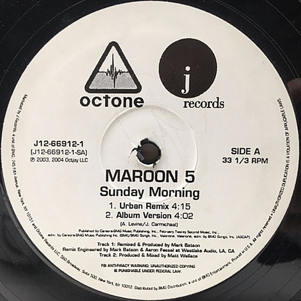 レコードメイン画像：良好!! MAROON 5 Sunday Morning / This Love ('04 Octone) 12インチ マルーン5 Songs About Jane からの2大ヒット曲をカップリング！