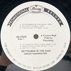 稀少USオリジナルプロモ盤 Rosemary Rice ハーモニーレコード DINAH WASHINGTON / September In The Rain (LP) / Mercury