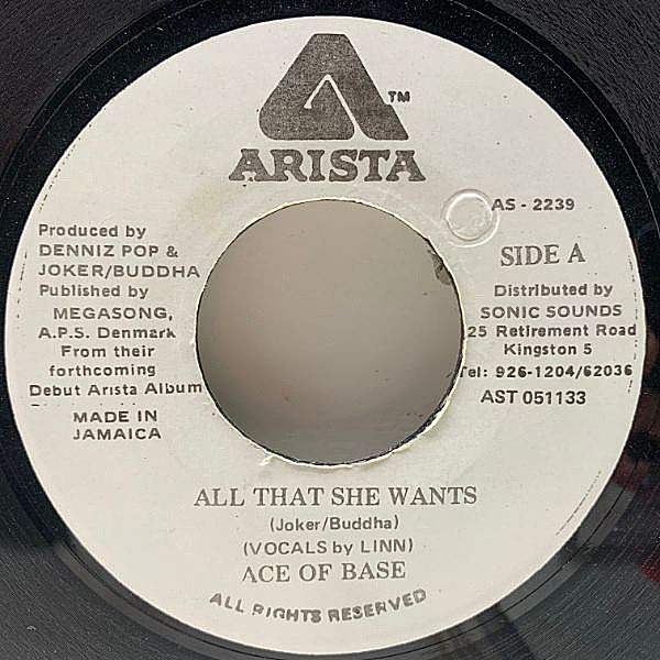 レコードメイン画像：【7インチ】良好!! JAオリジナル ACE OF BASE All That She Wants c/w. Banghra Versionも収録 ('93 Arista) BIG HIT 瑞レゲエ・ポップ