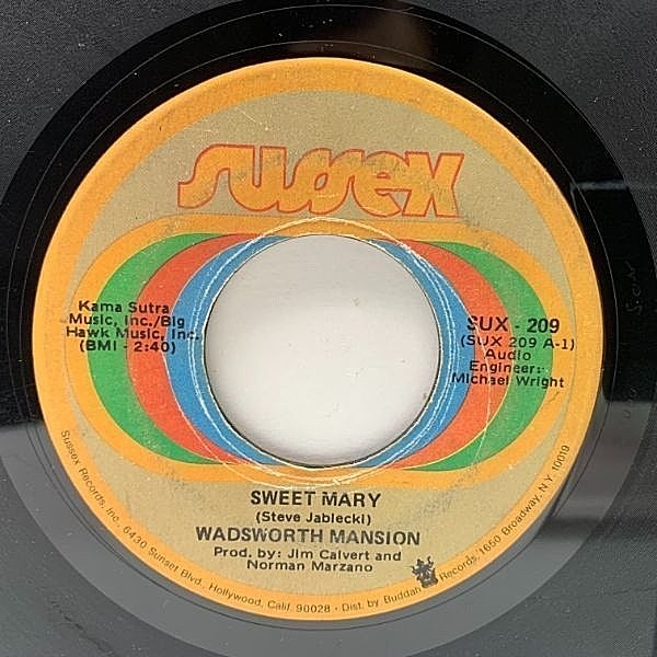 レコードメイン画像：【ポップロック隠れ名曲】7インチ USオリジナル WADSWORTH MANSION Sweet Mary ('70 Sussex) JABLECKI兄弟 ロードアイランド・ロック