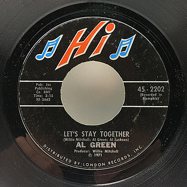 レコードメイン画像：【大名曲】7インチ USオリジナル AL GREEN Let's Stay Together / Tomorrow's Dream ('71 Hi) アル・グリーン WILLIE MITCHELL 45RPM.