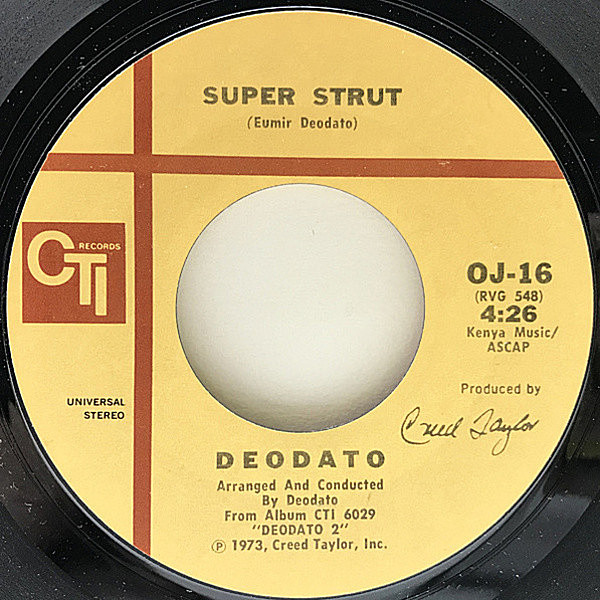 レコードメイン画像：美再生の良盤!! 7インチ USオリジナル VANGELDER刻印 DEODATO Super Strut / Rhapsody In Blue ('73 CTI) ジャズ・ファンク・クラシック