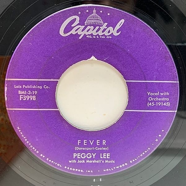 レコードメイン画像：USオリジナル 7インチ PEGGY LEE Fever / You Don't Know ('58 Capitol) ペギー・リー 45RPM.