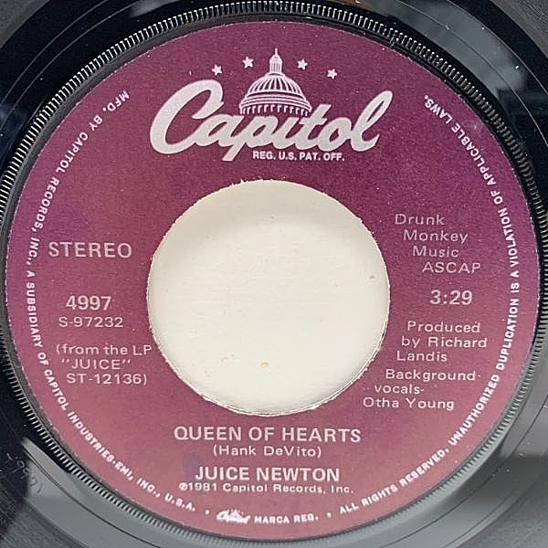 レコードメイン画像：【80年代のテイラー・スウィフト】USオリジナル 7インチ JUICE NEWTON Queen Of Hearts ('81 Capitol) ジュース・ニュートン 45RPM.