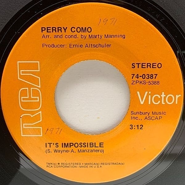レコードメイン画像：美盤!! USオリジナル 7インチ PERRY COMO It's Impossible ('70 RCA Victor) シナトラと並ぶアメリカの偉大なシンガー、ペリー・コモ