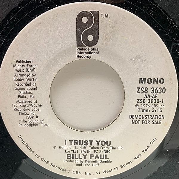 レコードメイン画像：USオリジナル 7インチ BILLY PAUL I Trust You ('76 Philadelphia International) フィリーソウルを代表するソウルシンガー 45RPM.