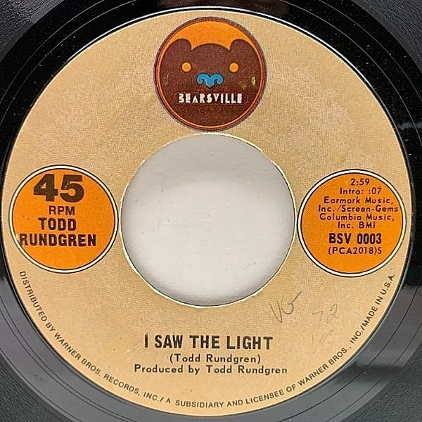 レコードメイン画像：美盤!! 初版 BSV規格 USオリジナル TODD RUNDGREN I Saw The Light ('72 Bearsville) 代表曲 シングル 45RPM. 7インチ