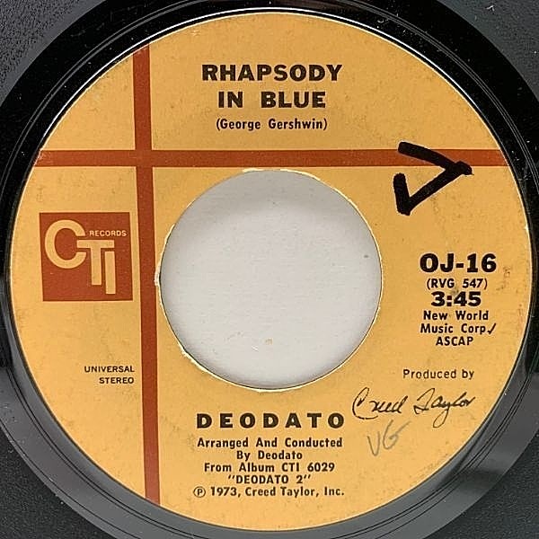 レコードメイン画像：美盤!! 7インチ USオリジナル VANGELDER刻印 DEODATO Super Strut / Rhapsody In Blue ('73 CTI) ジャズ・ファンク・クラシック 45RPM.