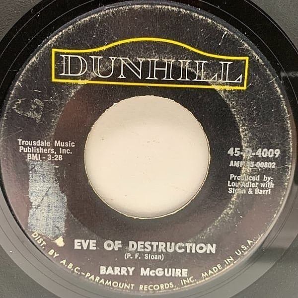 レコードメイン画像：USオリジナル 7インチ BARRY McGUIRE Eve Of Destruction ('65 Dunhill) HAL BLAINE 参加 バリー・マクガイア 明日なき世界