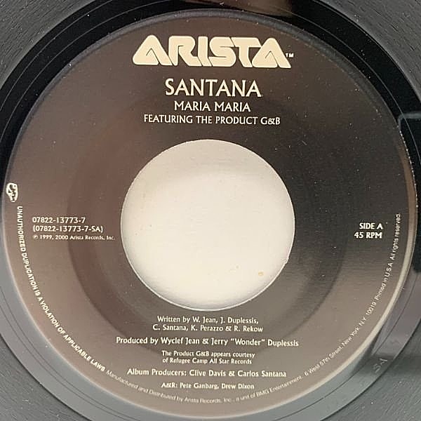 レコードメイン画像：レア 7インチ 美盤!! SANTANA Featuring PRODUCT G&B, ROB THOMAS Maria Maria / Smooth (Arista) Supernatural からのシングル 45rpm