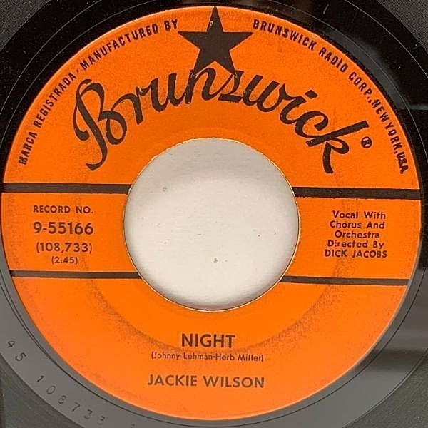 レコードメイン画像：USオリジナル 7インチ JACKIE WILSON Night / Doggin' Around ('60 Brunswick) シカゴソウル 記念碑的ヒットナンバー 45RPM.