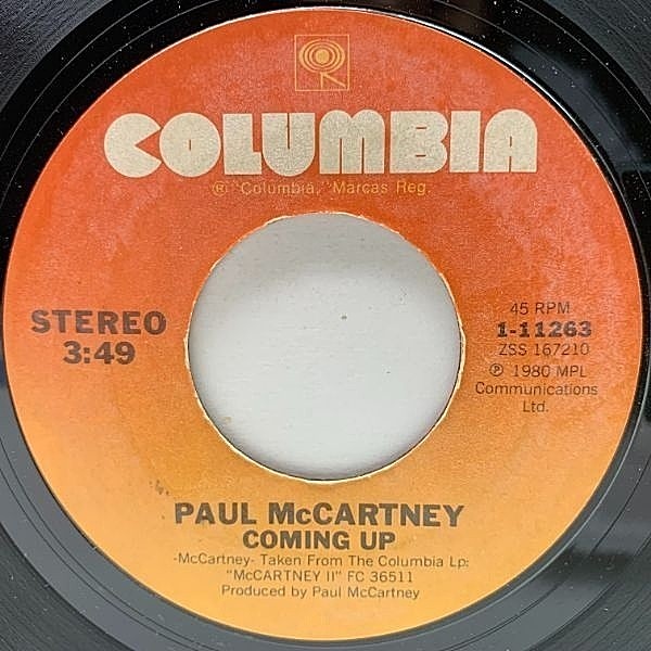 レコードメイン画像：USオリジナル 7インチ PAUL McCARTNEY Coming Up ('80 Columbia) ポール・マッカートニー 45RPM.