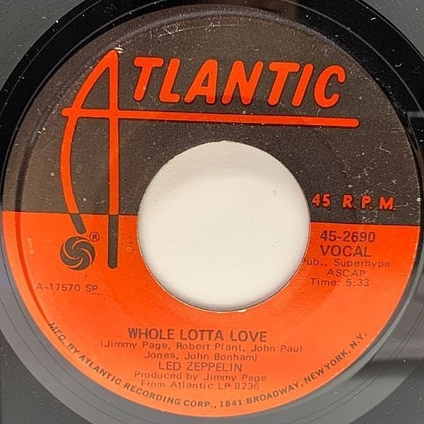 レコードメイン画像：USオリジナル 7インチ LED ZEPPELIN 胸いっぱいの愛を Whole Lotta Love ('69 Atlantic 45-2690) 手彫り AT, W, LW 刻印 45RPM.