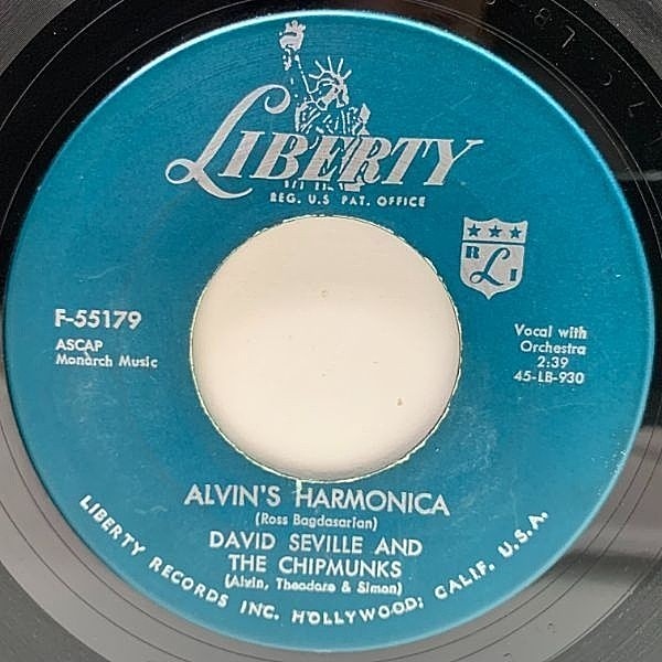 レコードメイン画像：【愛嬌のあるモンド・サウンド】USオリジナル 7インチ CHIPMUNKS Alvin's Harmonica / Mediocre ('59 Liberty) チップマンクス 45RPM.