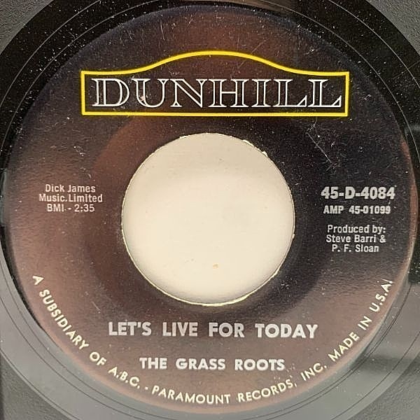 レコードメイン画像：USオリジナル 7インチ GRASS ROOTS Let's Live For Today / Depressed Feeling ('67 Dunhill) グラス・ルーツ 45RPM.