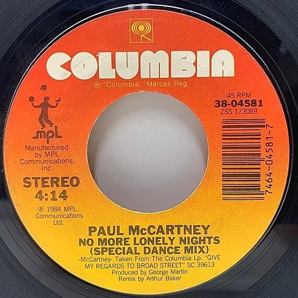 レコードメイン画像：【Special Dance Mix収録】先行シングル USオリジ PAUL McCARTNEY No More Lonely Nights ('84 Columbia) ひとりぼっちのロンリー・ナイト